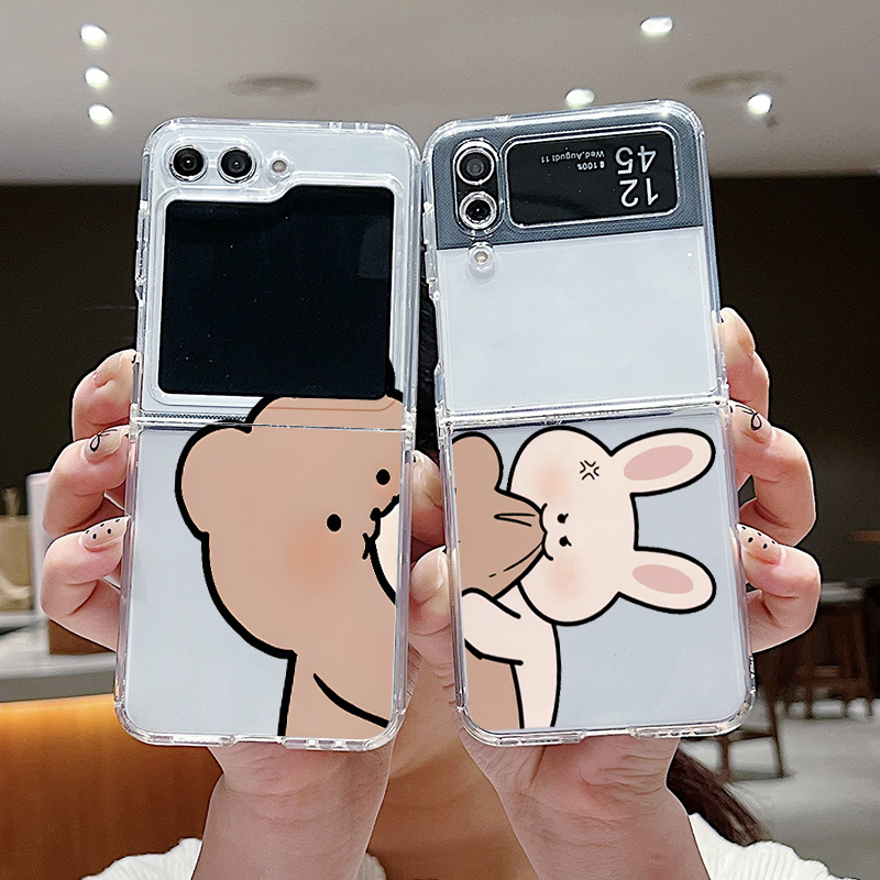 Phone Cases Z Fold 5 - Funny Bunny Bear Paired Couple Clear