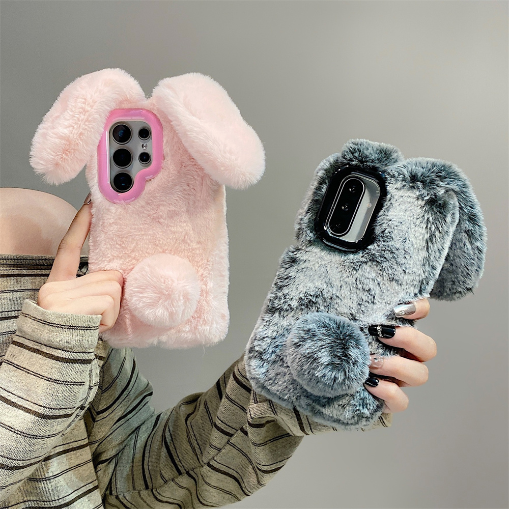 Phone Cases Galaxy S25 - Cute Rabbit Ears Fluffy Stand Phone